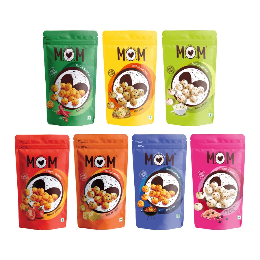 MOM - Meal of the Moment, Roasted Makhana Pack of 7 (Cream N Onion, Cheddar Cheese, Himalayan Salt N Pepper, Tomato Achaari, Desi Chaat, Smoky BBQ, Peri Peri), 65g Each | Gluten Free | Anti Oxidants |  No added Preservatives and No artificial Flavours