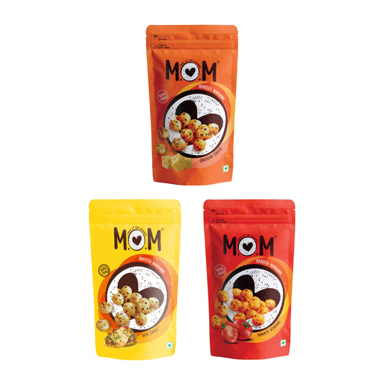 Roasted Makhana Pack of Tomato Achaari, Desi Chaat, and Cheddar Cheese, 65g - Gluten Free | Anti Oxidants | MSG Free | Zero Trans Fat | No added Preservatives and No artificial