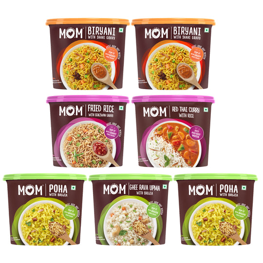 MOM - Meal of the Moment, Weekly Combo Pack of Ghee Rava Upma with Bhujia , Fried Rice with Schezwan Gravy, Red Thai Curry Rice, 2 Veg Biryani with Shahi Gravy, and 2 Poha with Bhujia - Ready to Eat | Instant Food | No added Preservatives